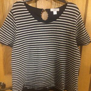 CJ Banks Navy/white striped blouse short sleeve 1X